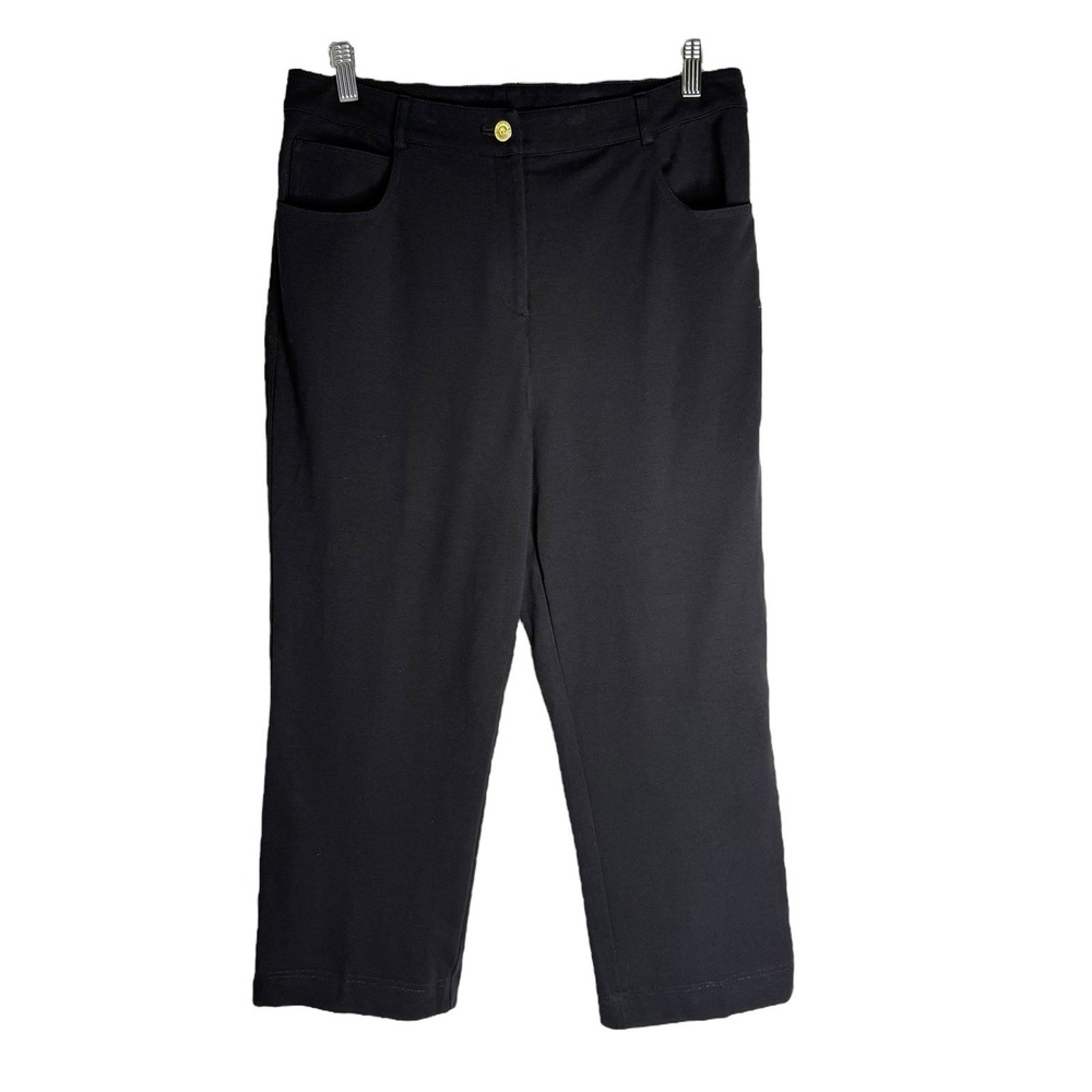 St John Pants Womens 10‎ Black Wide Leg Cropped High Rise Stretch Designer USA